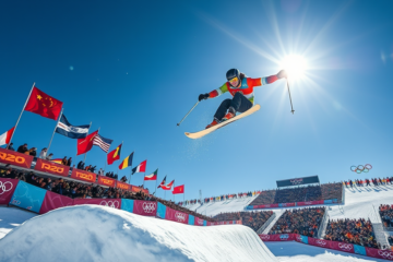 Alex Ferreira celebrating after winning gold in men's freeski halfpipe at the Olympics, performing a back-to-back double cork 1620.
