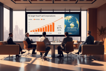 A visual representation of the increasing profits and emissions from major fossil fuel corporations and their impact on climate change.