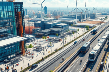 An illustration showing various infrastructure projects like data centers and transportation improvements.
