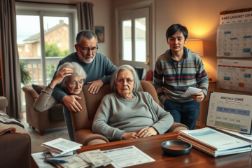 A family discussing elderly care options and costs, highlighting economic challenges.