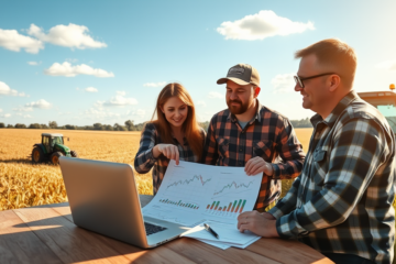 A farmer analyzing financial data to manage risks effectively.