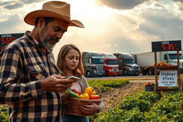 Image depicting rising diesel prices and their impact on transportation and agriculture.