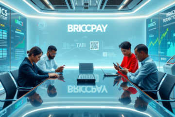 Illustration of BRICS Pay system facilitating decentralized payment transactions between countries.