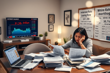 A visual representation of the Federal Reserve building with financial graphs indicating rising interest rates and their impact on loans.