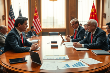 Leaders of the US and China discussing trade stability, tariffs, AI, and sanctions in a crucial meeting.